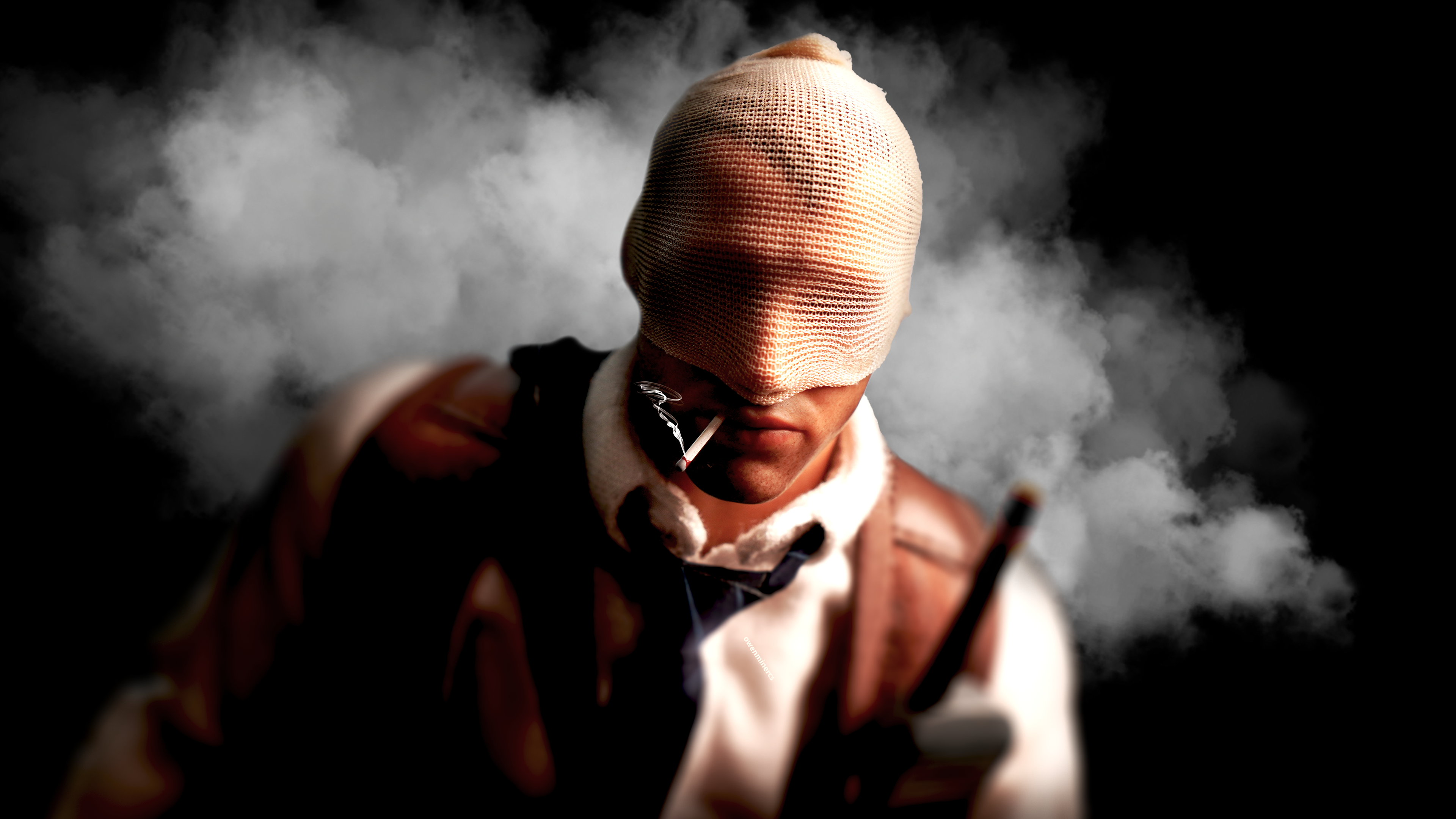Agent number K figurine smoking a cigarette with small smoke background